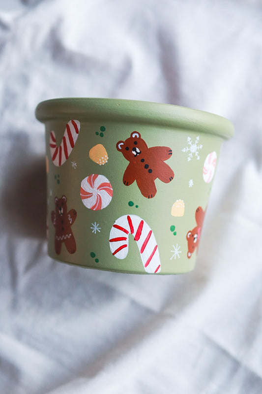 Gingerbread Christmas Pot | Hand Painted Terracotta Pot | Drainage Hole | No Saucer | Ready to Ship