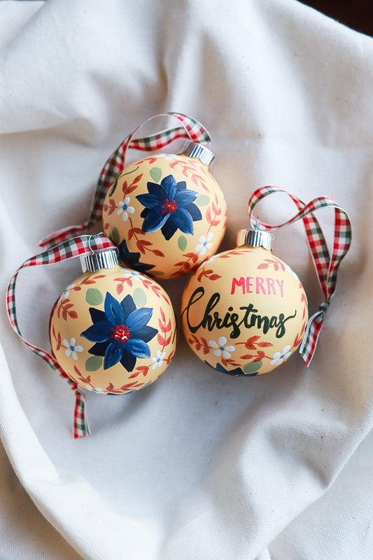 Yellow Poinsettias Hand Painted Ornaments with Bow Tie, Glass Ornaments, Painted Baubles