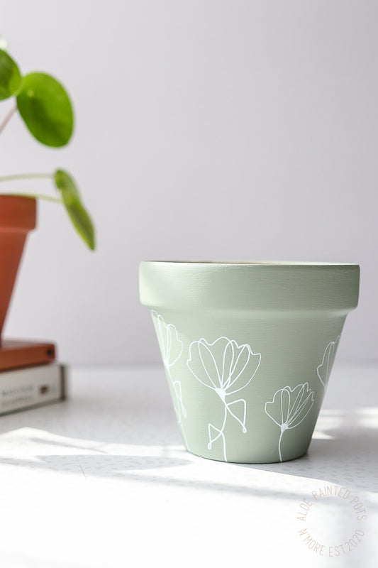 Ready to Ship | Sage Floral Line Pot | Hand Painted Terracotta Pot with Drainage Hole