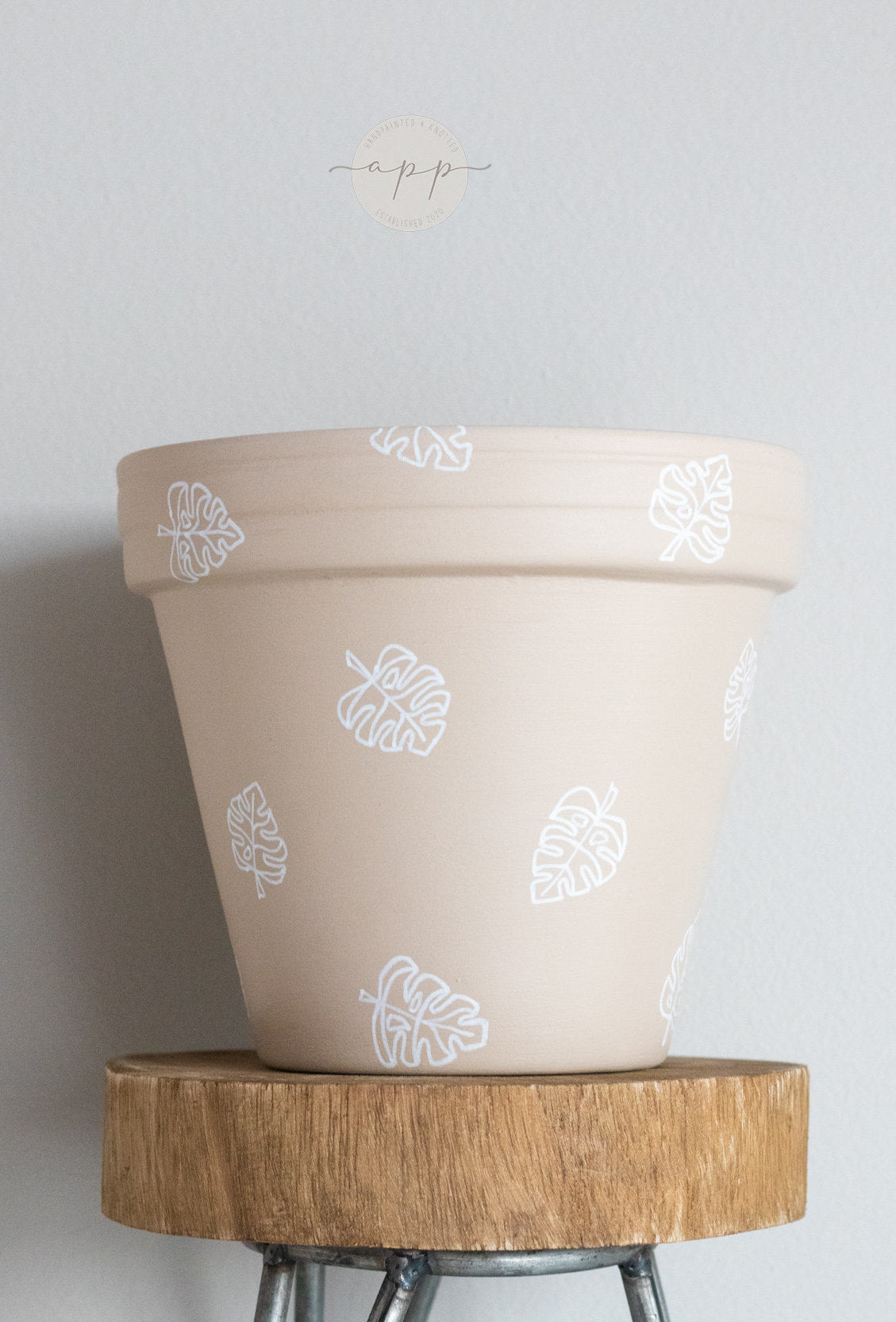 Light Beige Monstera Leaf Pot | Hand Painted Terracotta Pot with Drainage Hole | Saucers available only for tapered pots