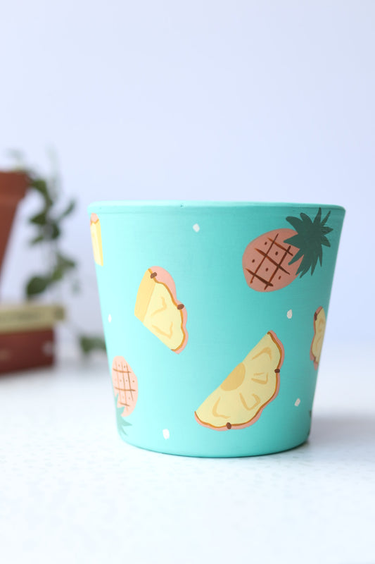Pineapple n Chunks Pot | Hand Painted Terracotta Pot with Drainage Hole | Saucers available only for tapered pots