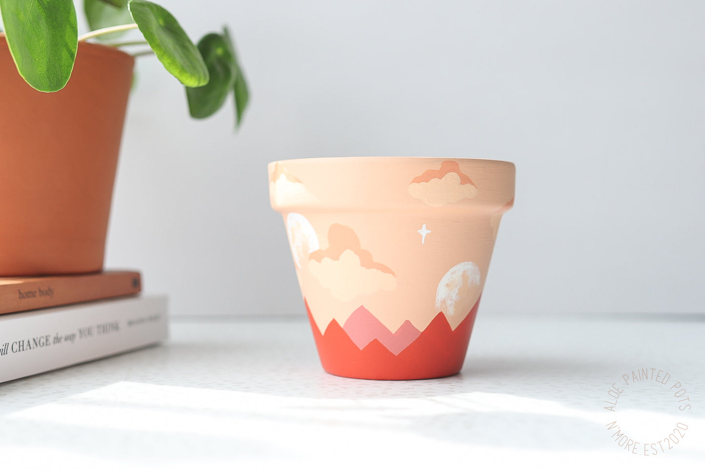 Lunar Blush Pot | Harmony Collection | Hand Painted Terracotta Pots with Drainage Hole | Saucers available only for tapered pots