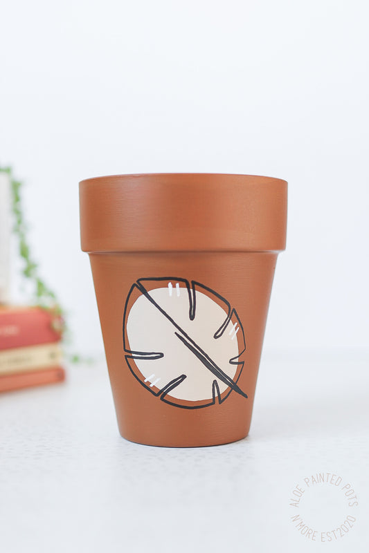 Monstera Leaf Pot | Hand Painted Terracotta Pot with Drainage Hole | Saucers available only for tapered pots